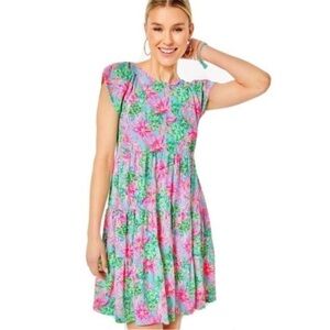 NWOT Lilly Pulitzer Geanna Dress Surf Blue So Shellegant Large Tropical Cotton